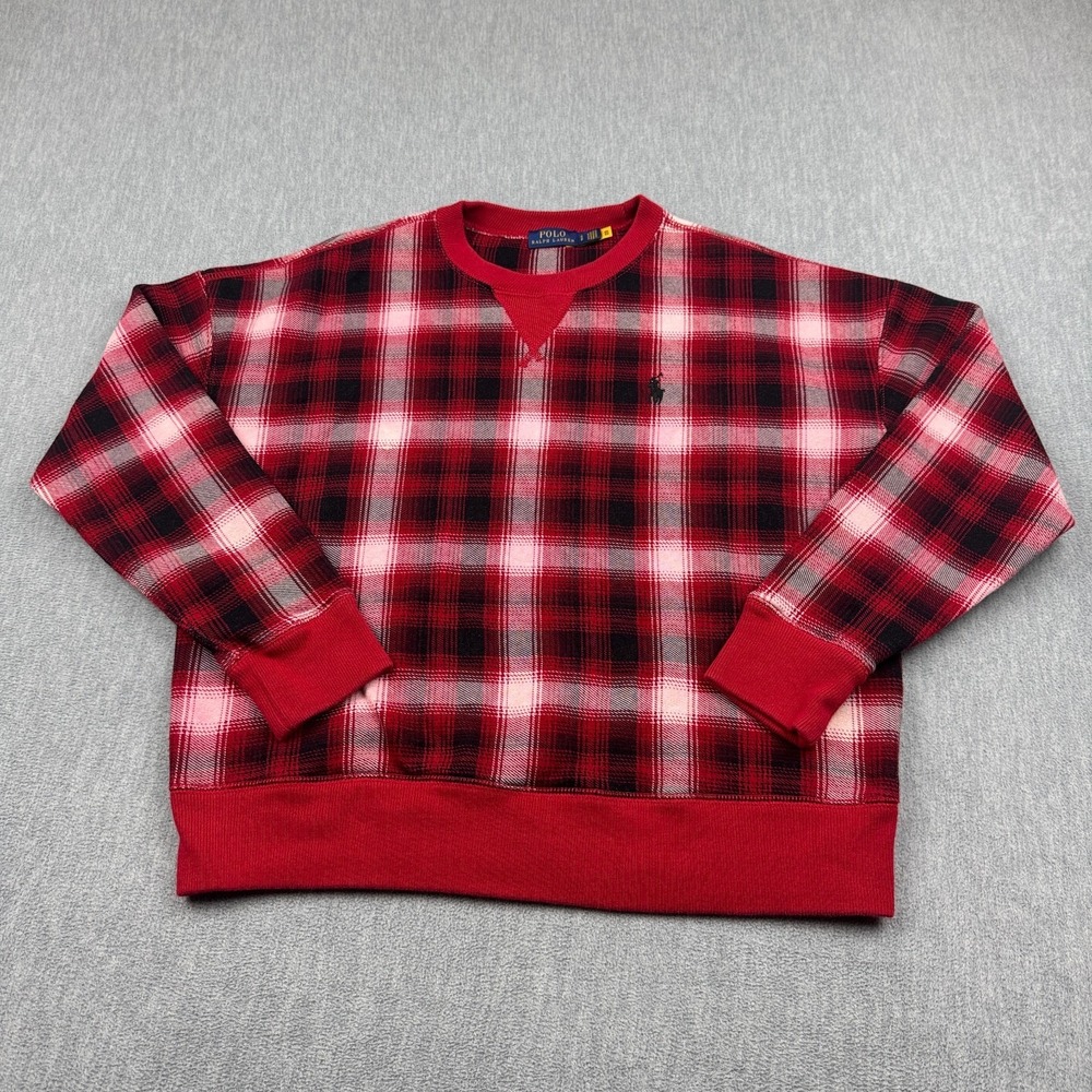 Polo Ralph Lauren Sweatshirt Mens Small Red Black Pony‎ Plaid Pullover Crewneck